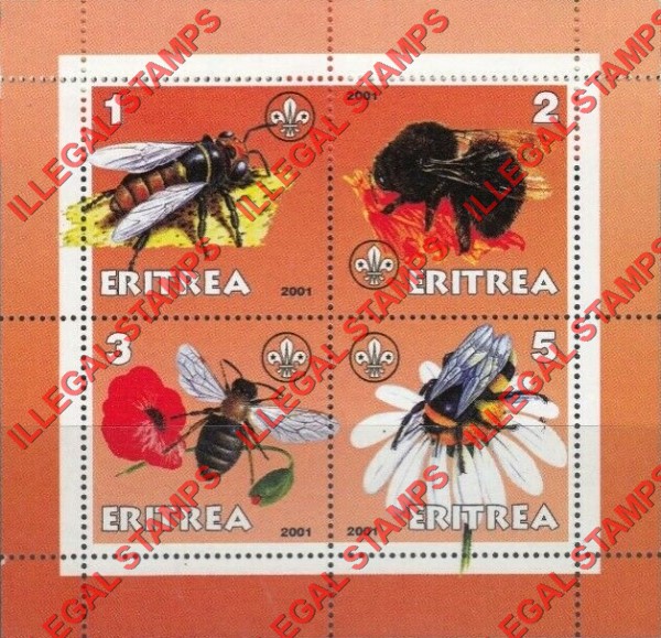 Eritrea 2001 Bees Counterfeit Illegal Stamp Souvenir Sheet of 4 Eritrea 2001 Bees Counterfeit Illegal Stamp Souvenir Sheet of 4